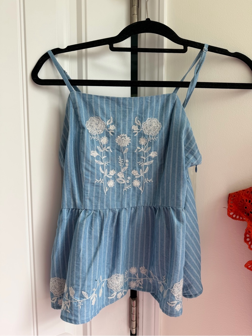 Blue Embroidered Striped Spaghetti Strap Top